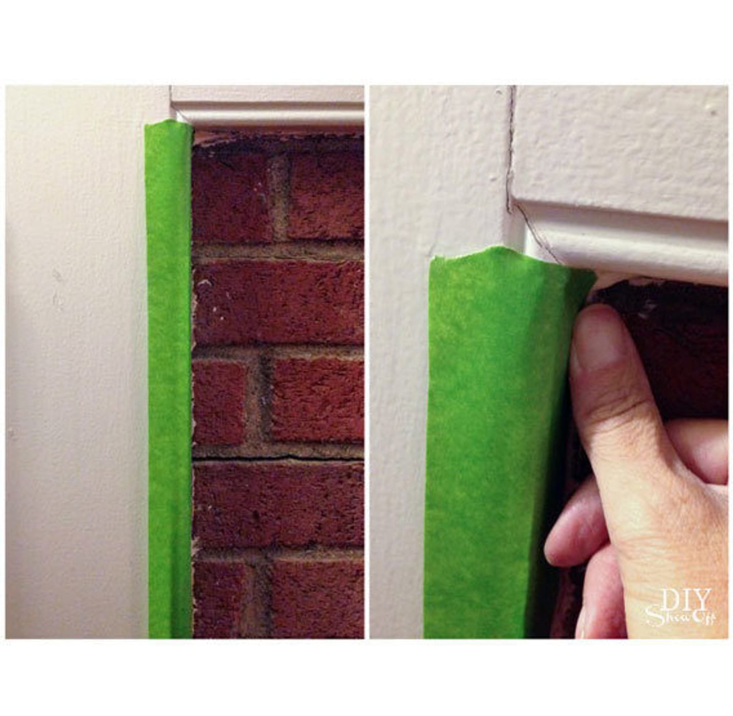 Hand taping off the trim of a brick fireplace with Green FrogTape Multi-Surface Painter's Tape