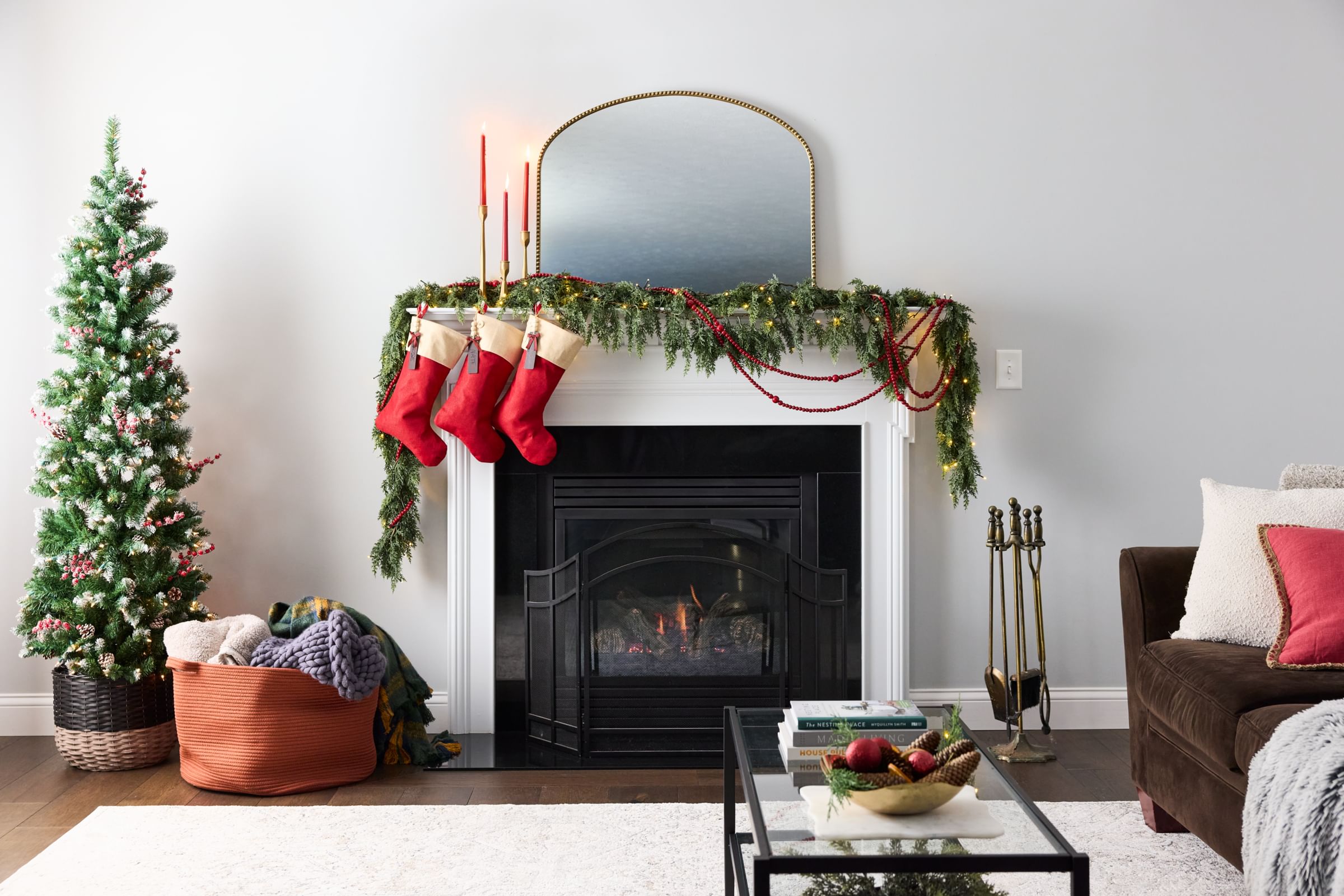 Fireplace with decorated Christmas Mantle.