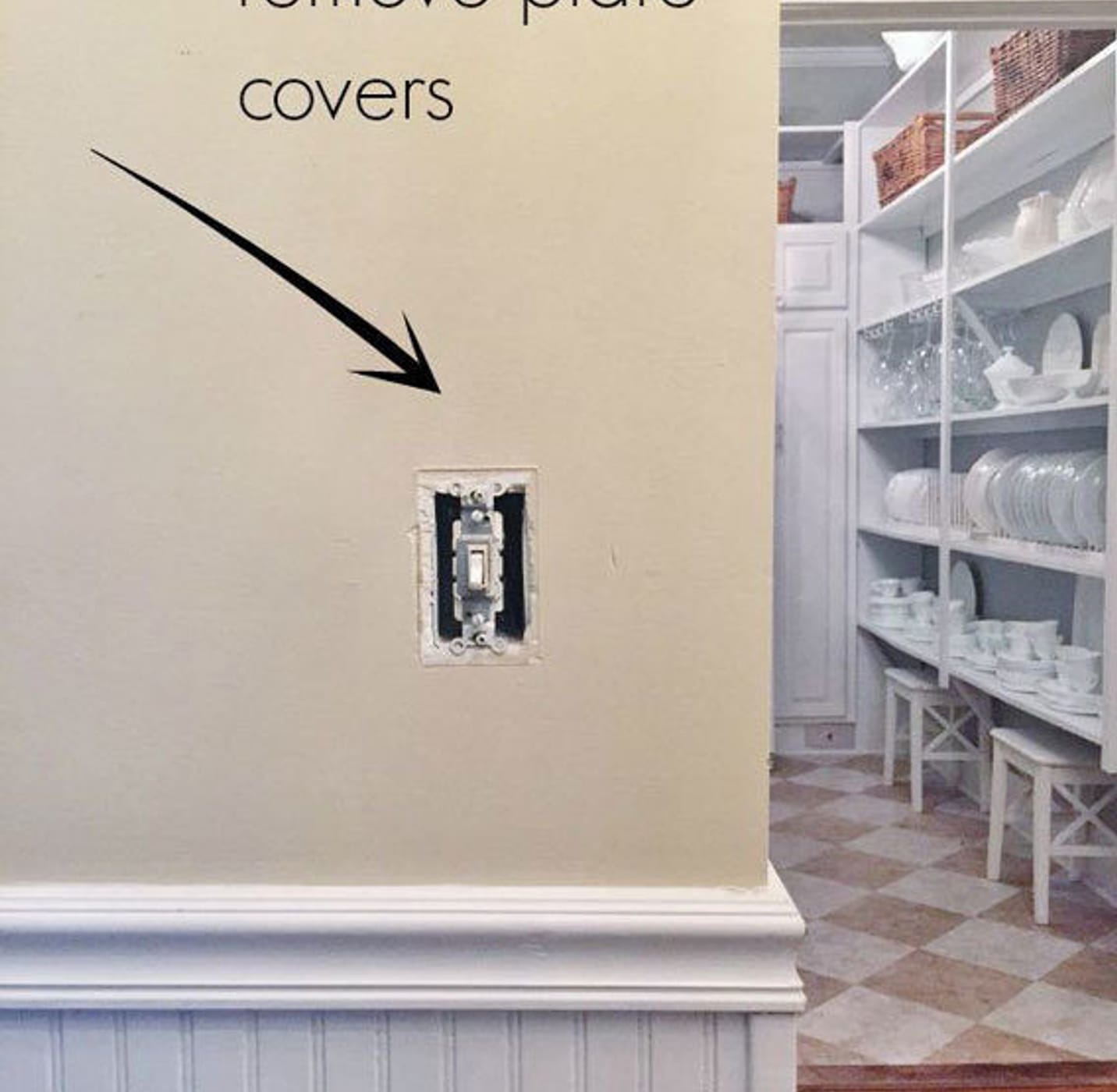Remove plate covers, arrow pointing at a light switch on a wall without the cover