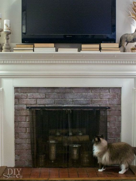 Whitewashed brick fireplace with white mantle. There is a small dog in front of the fireplace and a TV hung above the mantle.