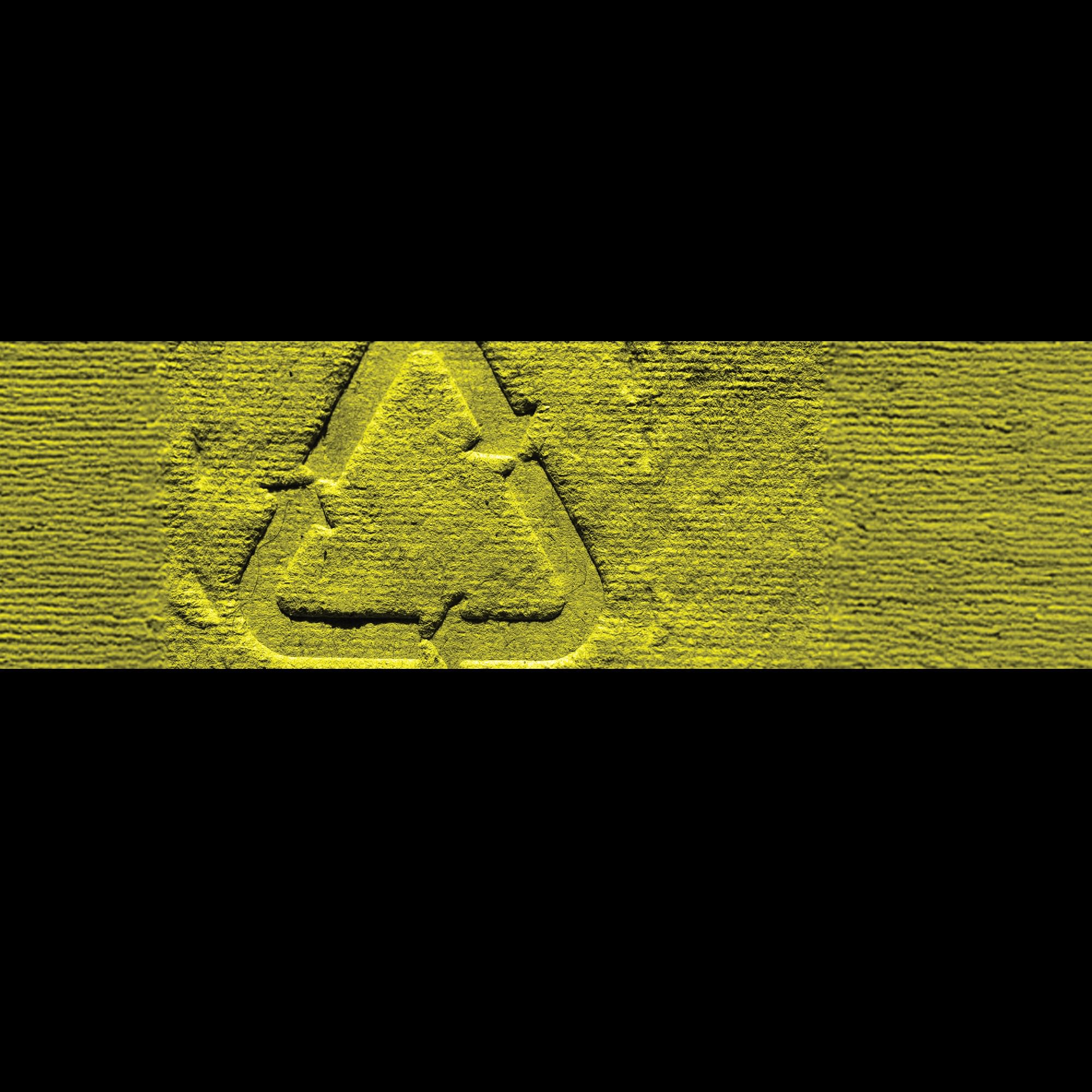 Yellow textured surface with a raised recycling symbol of three arrows forming a triangle, set against a black background.