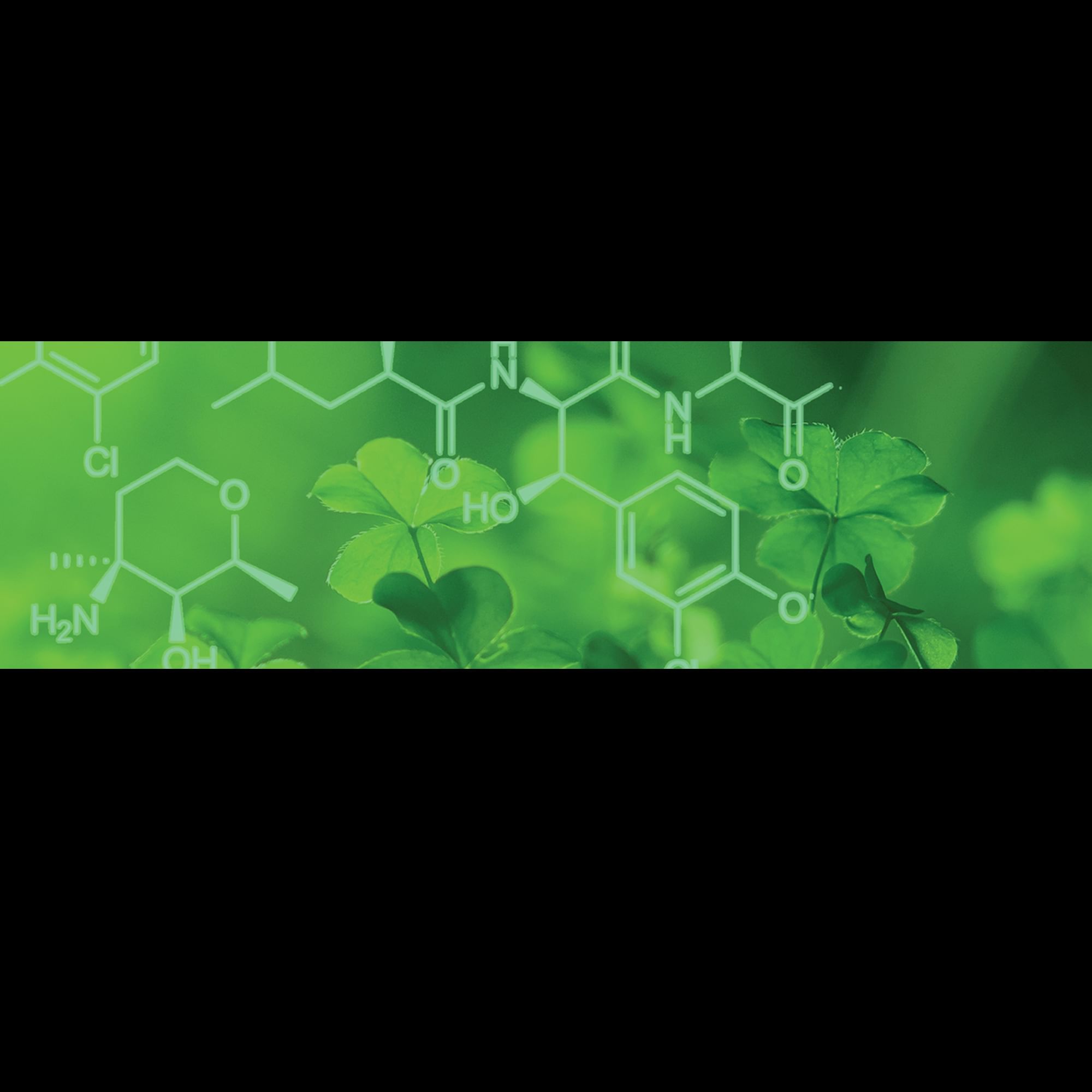 Green background with clover leaves and overlaid chemical structures featuring hexagonal rings, nitrogen, oxygen, chlorine, hydroxyl, and amine groups.