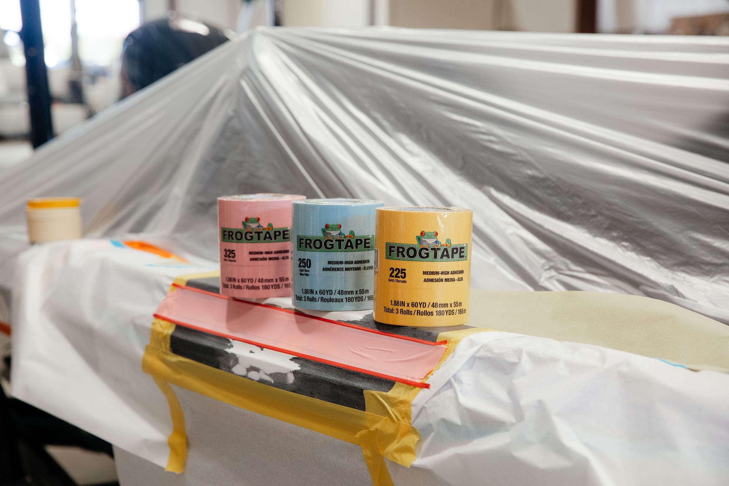 Performance Masking Tape: FrogTape 325 Pink Performance Masking Tape, FrogTape 250 Light Blue Performance Masking Tape, and FrogTape 225 Gold Performance Masking Tape