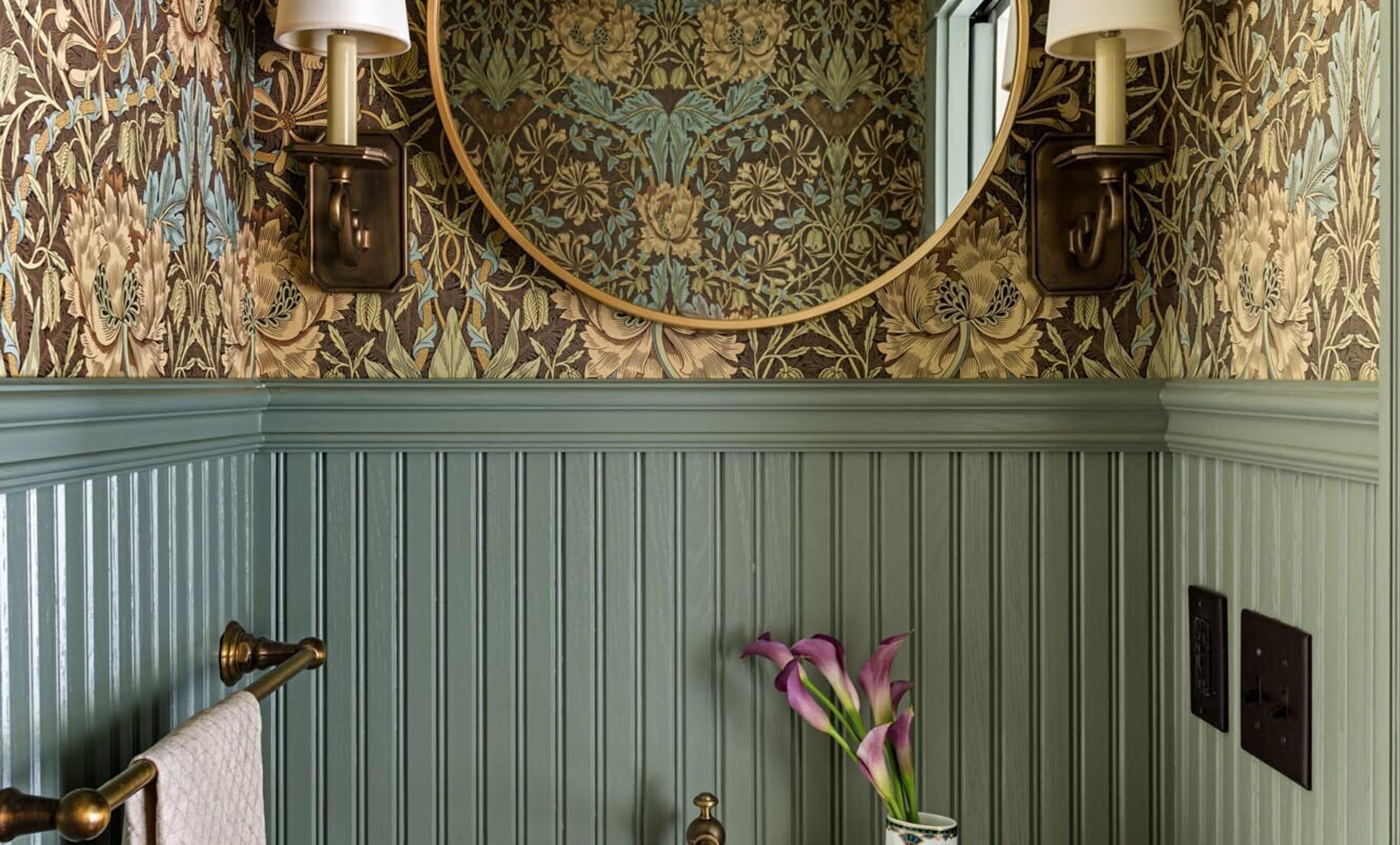 Wainscotting Bathroom - Green chair rail on botton and wallpaper on top