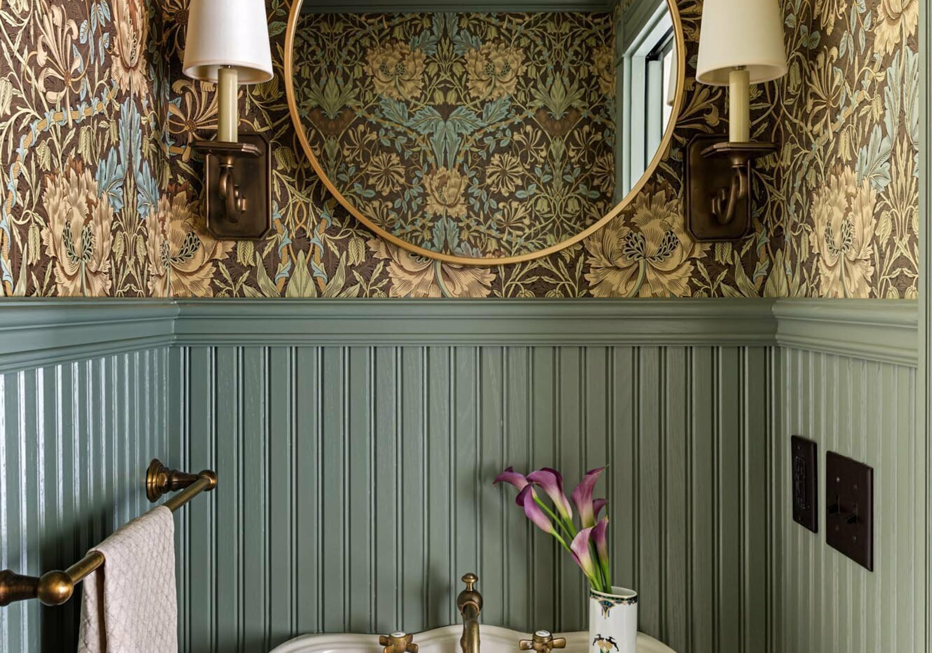 Wainscotting Bathroom - Green chair rail on botton and wallpaper on top