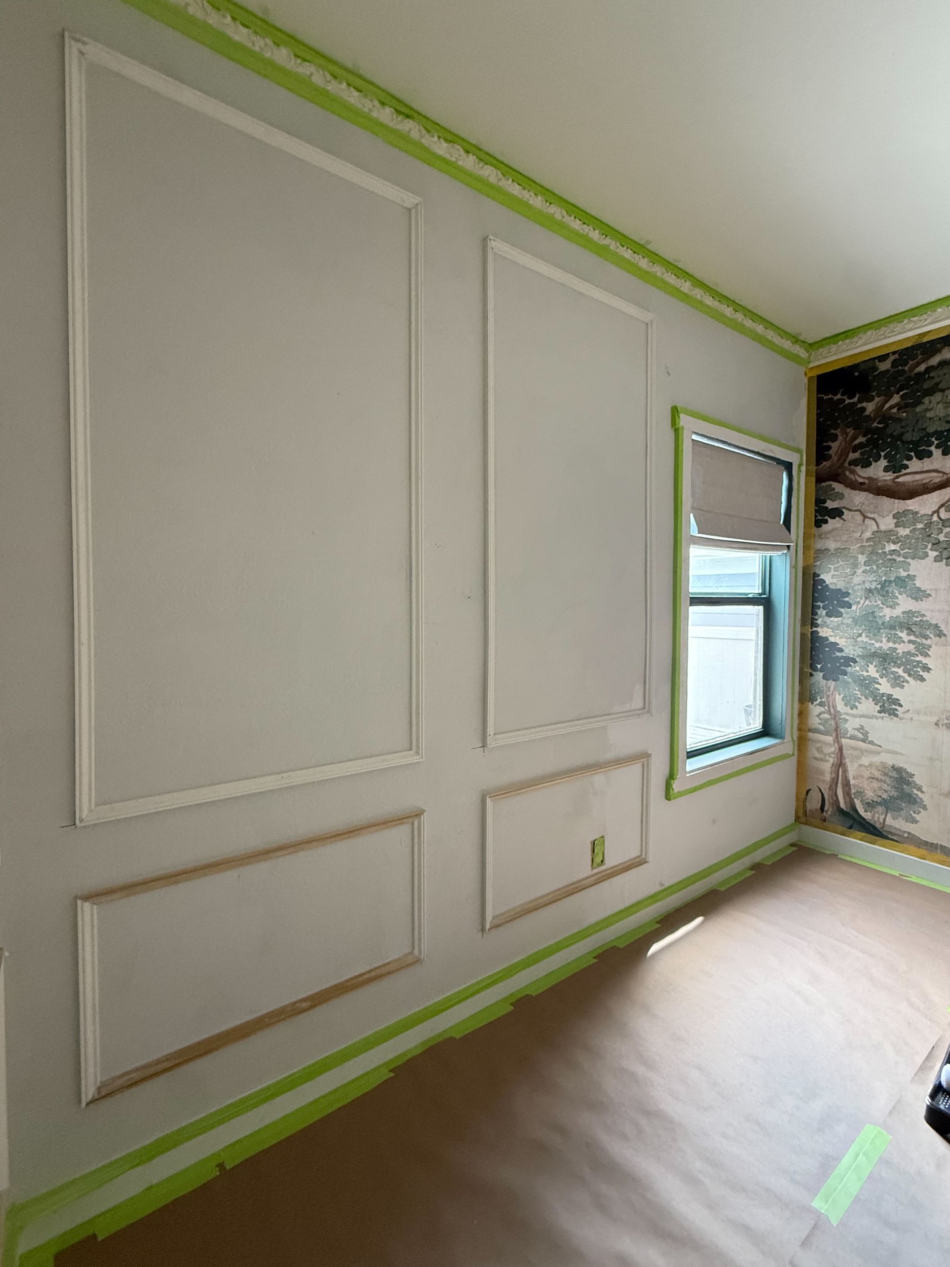 A White Wall with Green FrogTape Advanced applied where the wall meets the ceiling and floor.
