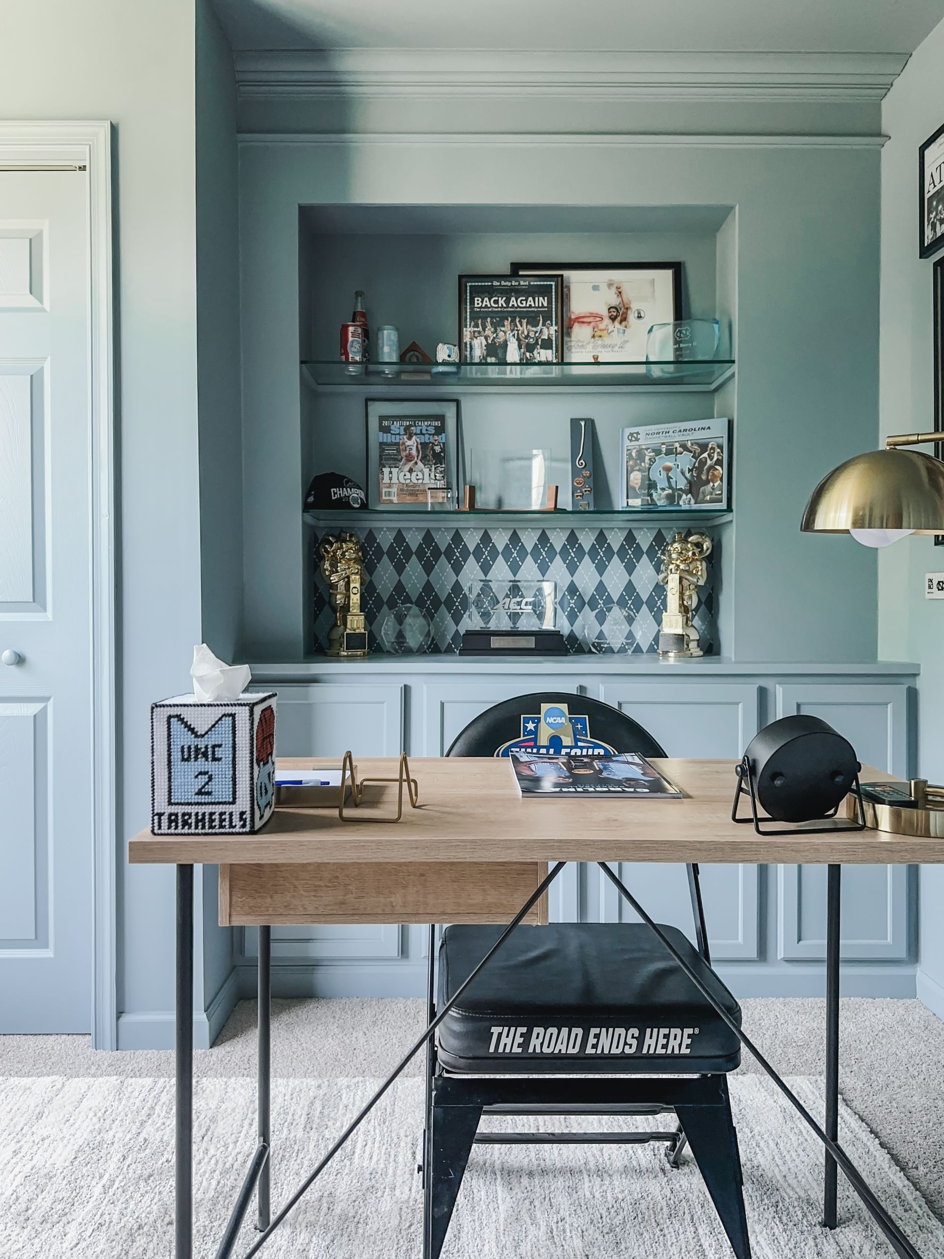 Modern Office Space with Argyle build in bookshelf accent