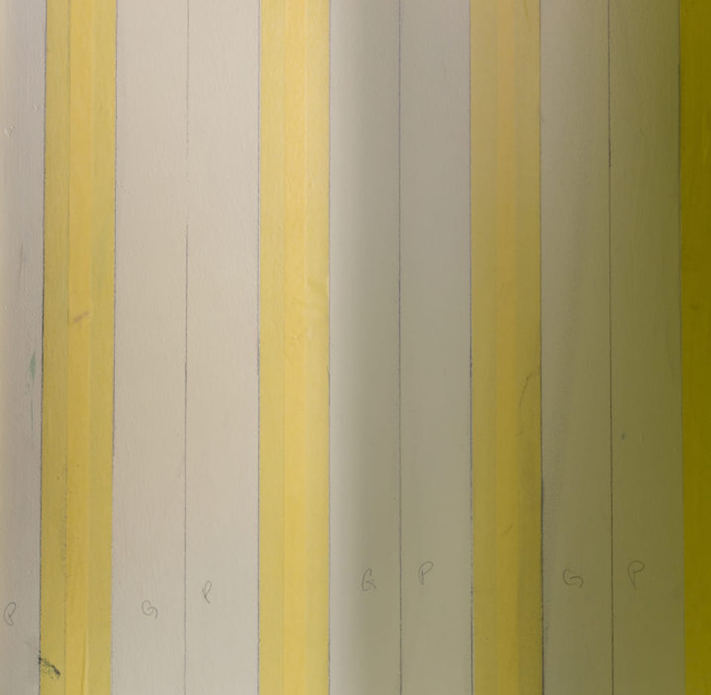 Four Vertical strips of Yellow FrogTape Delicate Surface Painter's Tape spaced out on a wall