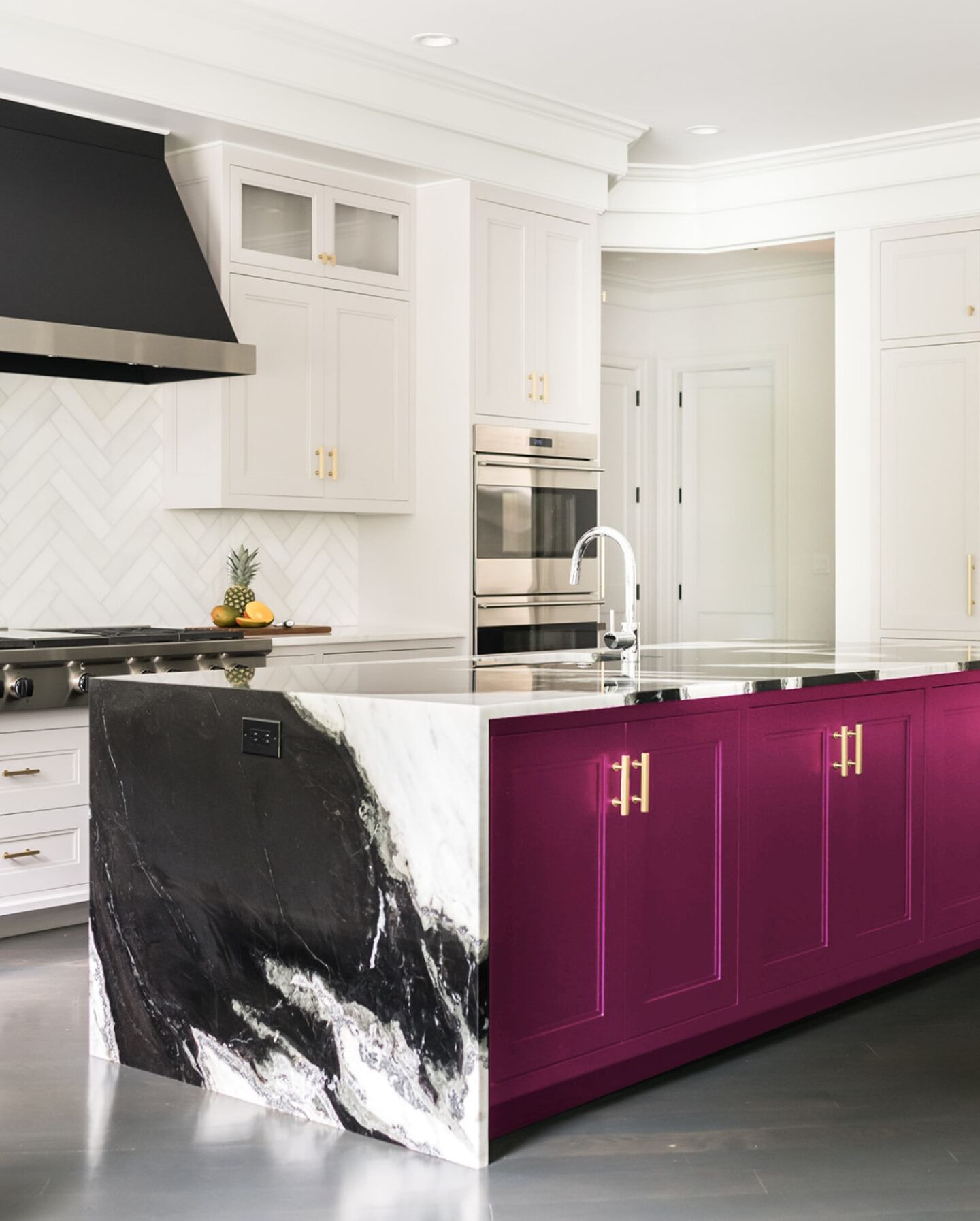 Magenta painted kitchen island