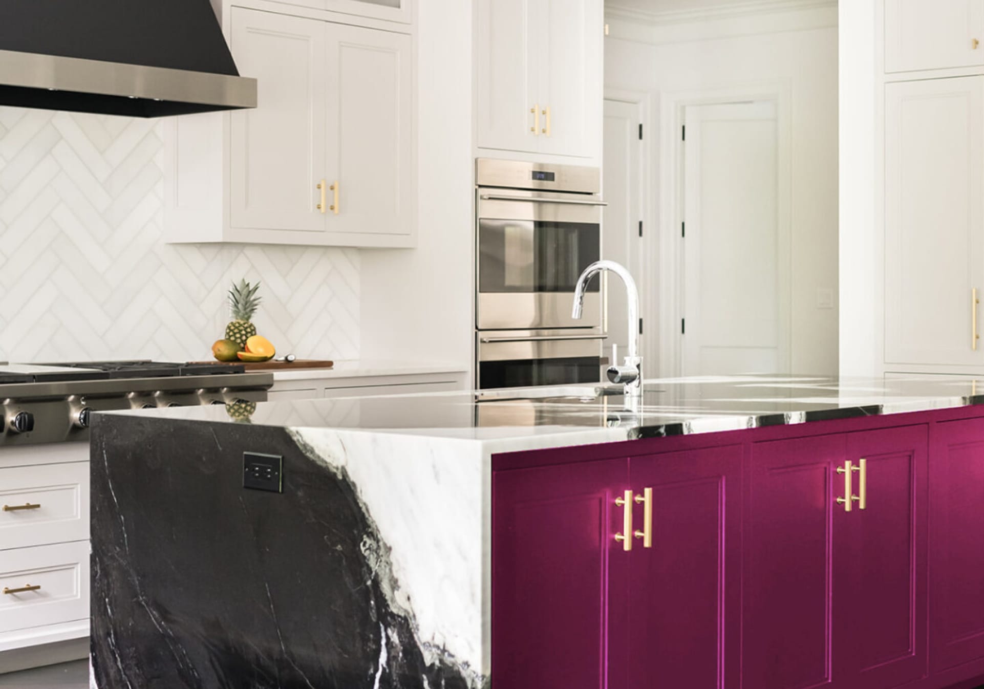 Magenta painted kitchen island