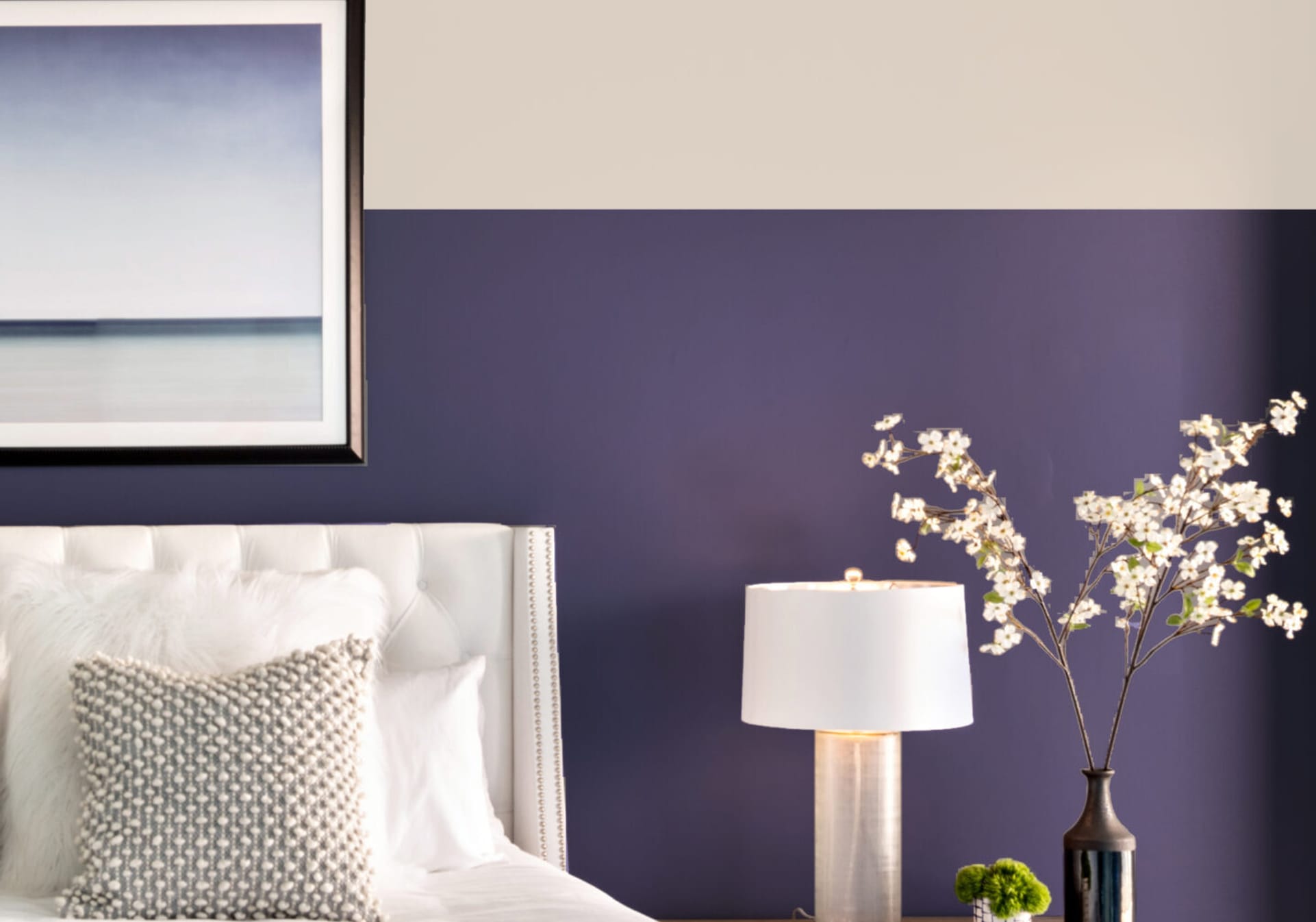 Faux wainscotting bedroom - painted with purple on bottom and white on top