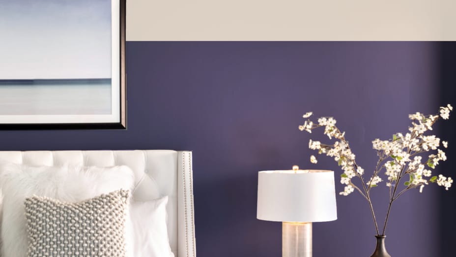 Faux wainscotting bedroom - painted with purple on bottom and white on top