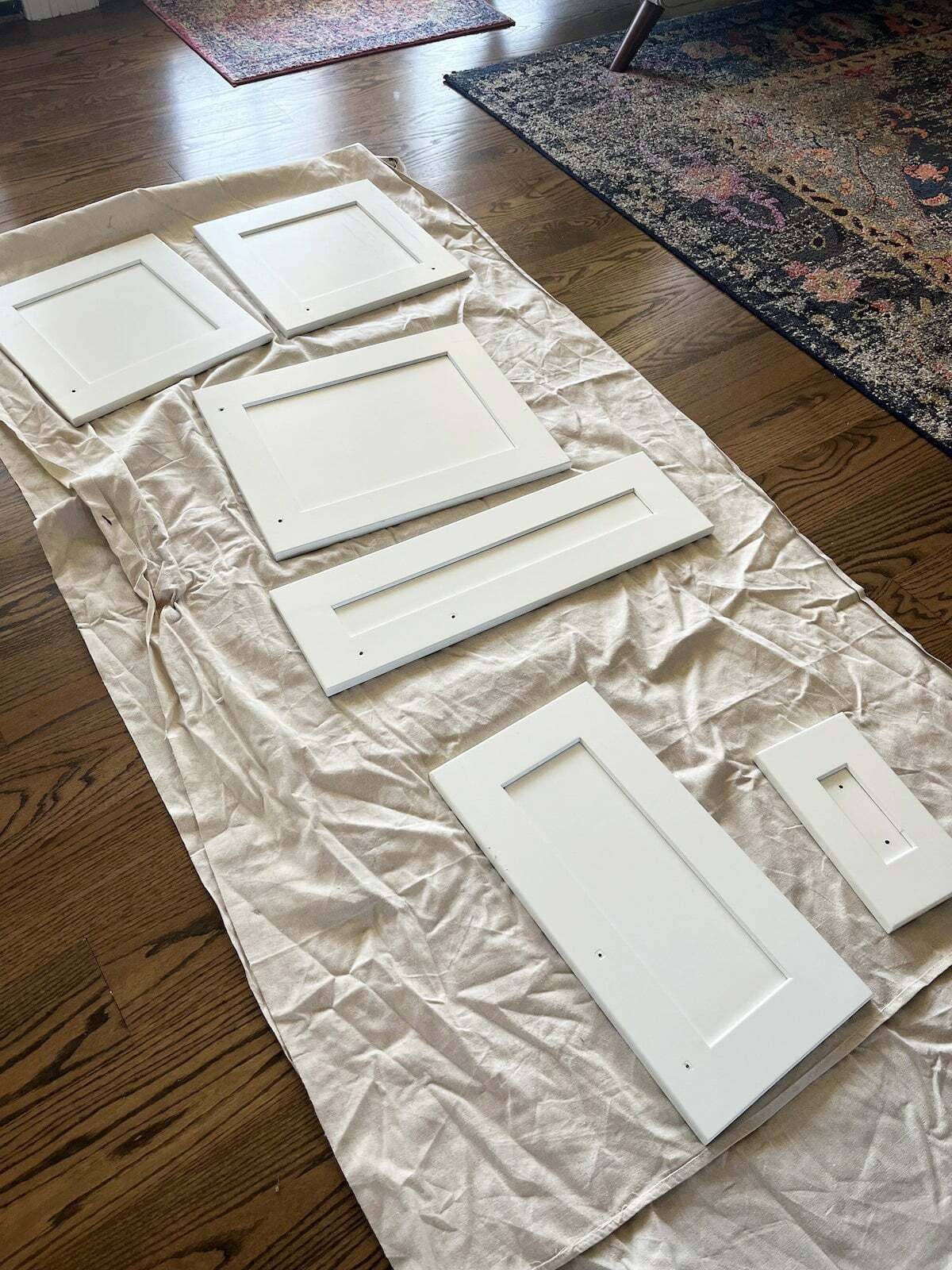 Overhead of cabinet doors primed