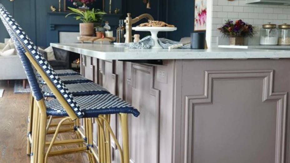 Upclose photo of purple kitchen island