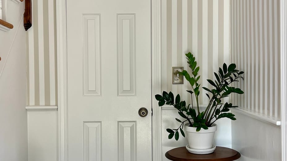 Striped Foyer with Door and Plant on small round wooden table