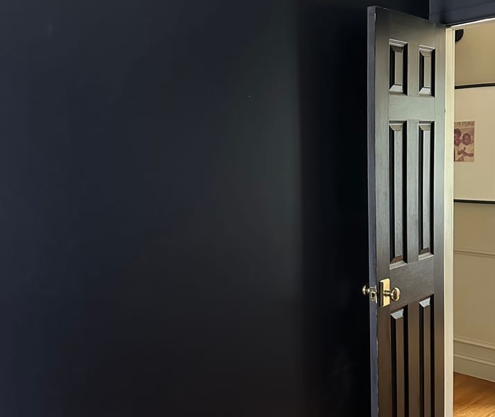 A black door is slightly open next to a matte black wall. The room's wooden floor adds warmth, and a glimpse of artwork is visible through the doorway.